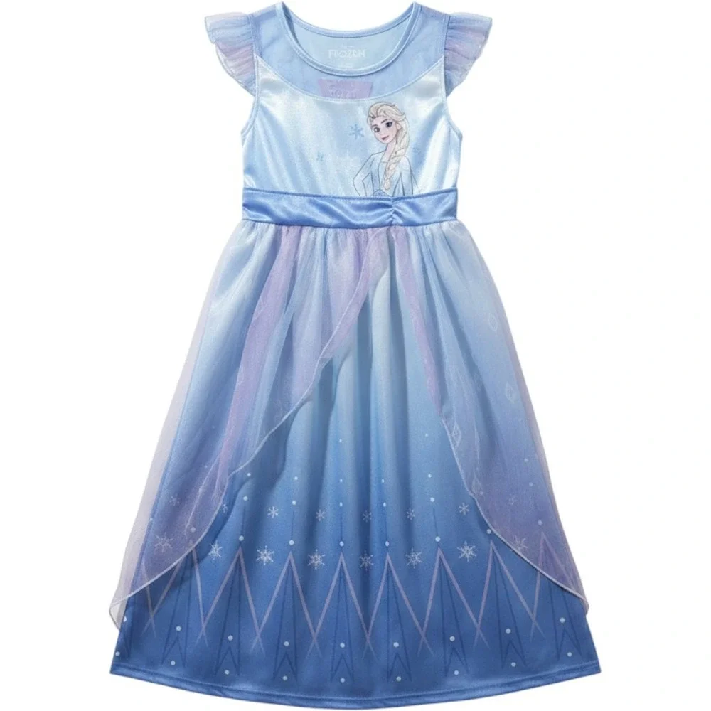 Disney Frozen Elsa Girls Nightgown Blue Purple Tulle Sleep Dress S 6/6X NEW